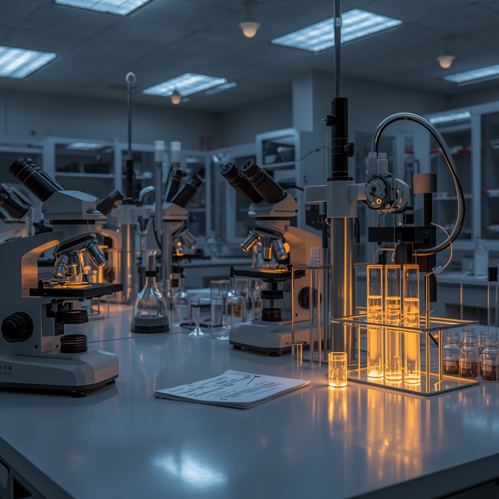 Nano Banana2: Generate an image of an advanced school science laboratory with glowing microscopes, highly technological lab equipment, glowing test tubes, and a clean professional vibe. Ensure no human figure or woman image is present.